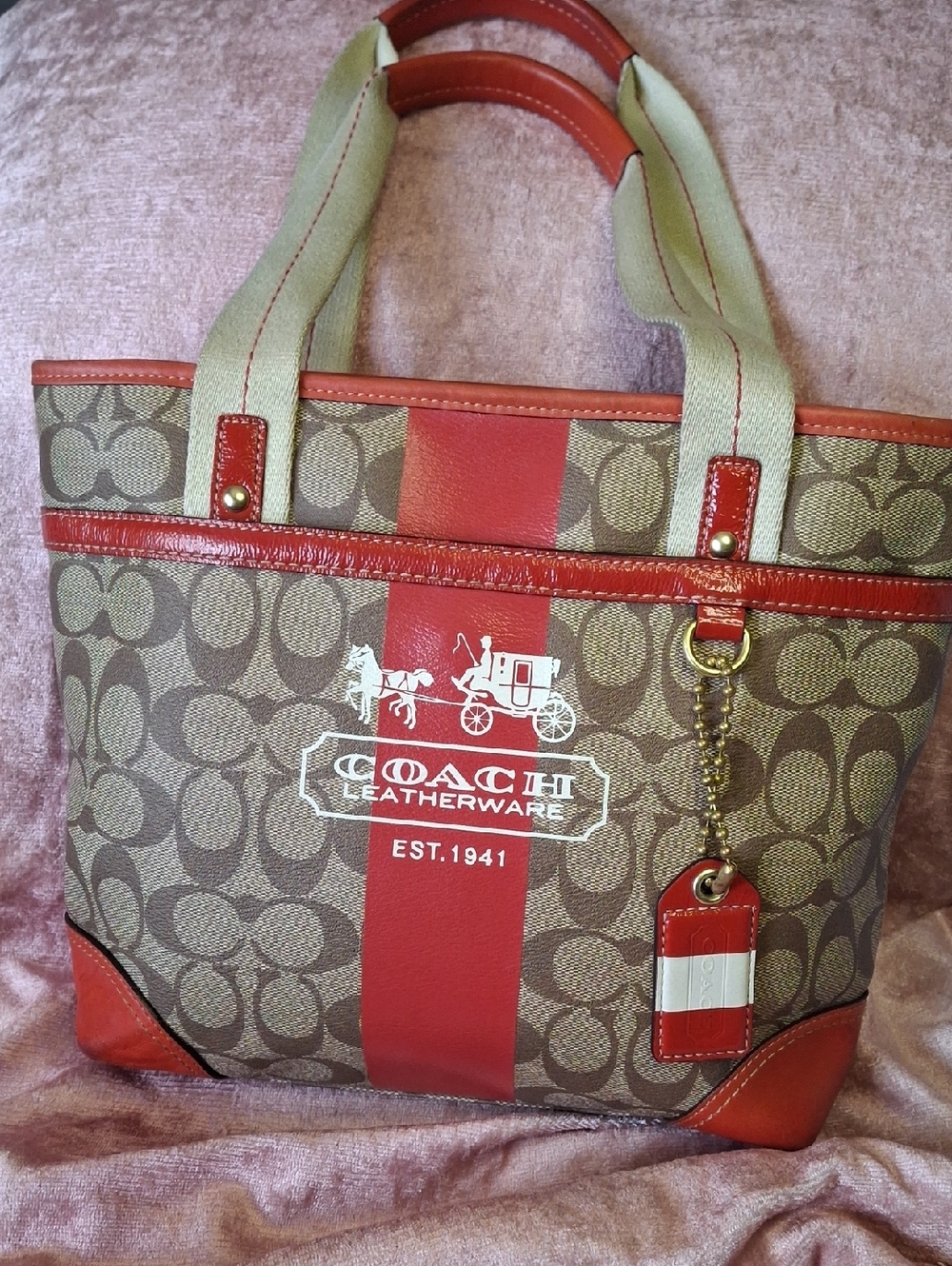 COACH HERITAGE Brown Signature Tote with Red Stripe and Tan Handles